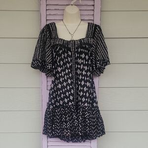 💗 FREE PEOPLE Patterned Boho Button-Up SS Square Neck Top Blouse Navy & White M